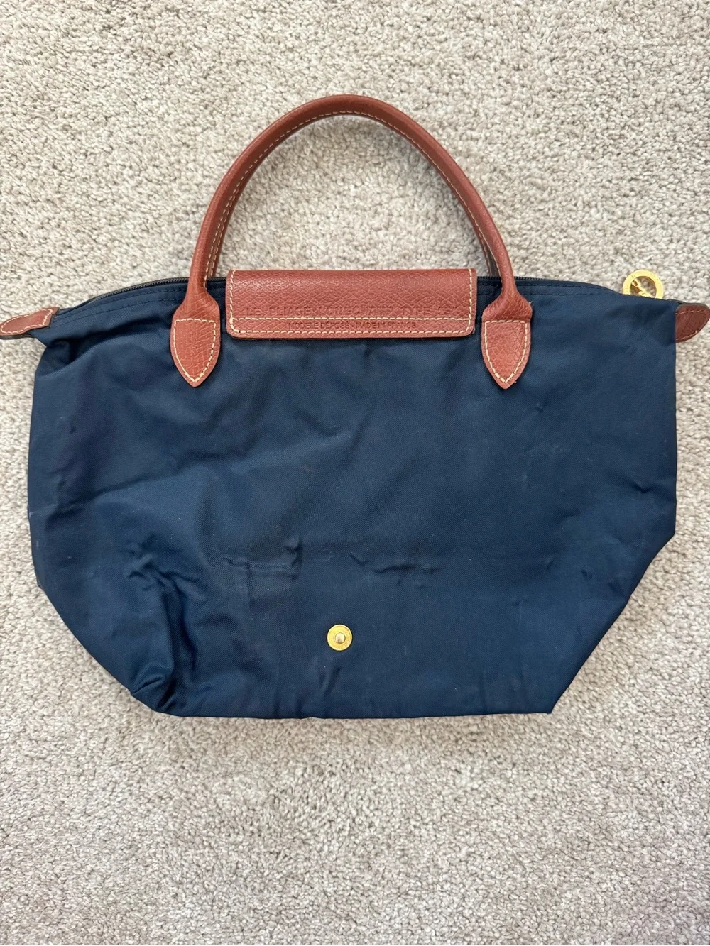 Longchamp Le Pliage Small Navy Tote with Brown Leather Trim Quiet Luxury Minimal